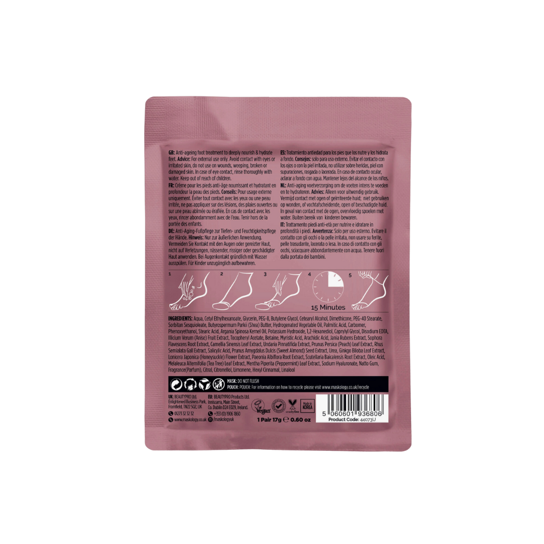 Foot mask and hydrating treatment for dry feet. Includes moisturizing booties designed to exfoliate, remove calluses, and provide spa-like foot care. Nourishes and softens feet, enhancing skin hydration and relaxation for a soothing self-care experience.